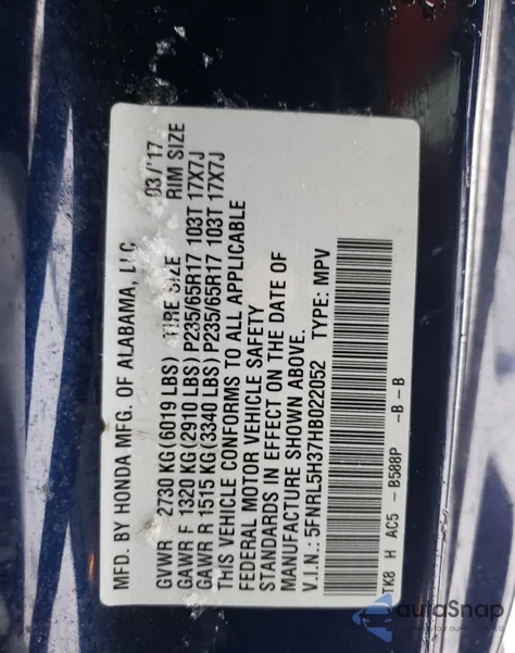 2017 Honda Odyssey Se z USA, uszkodzony, nr VIN 5FNRL5H37HB022052